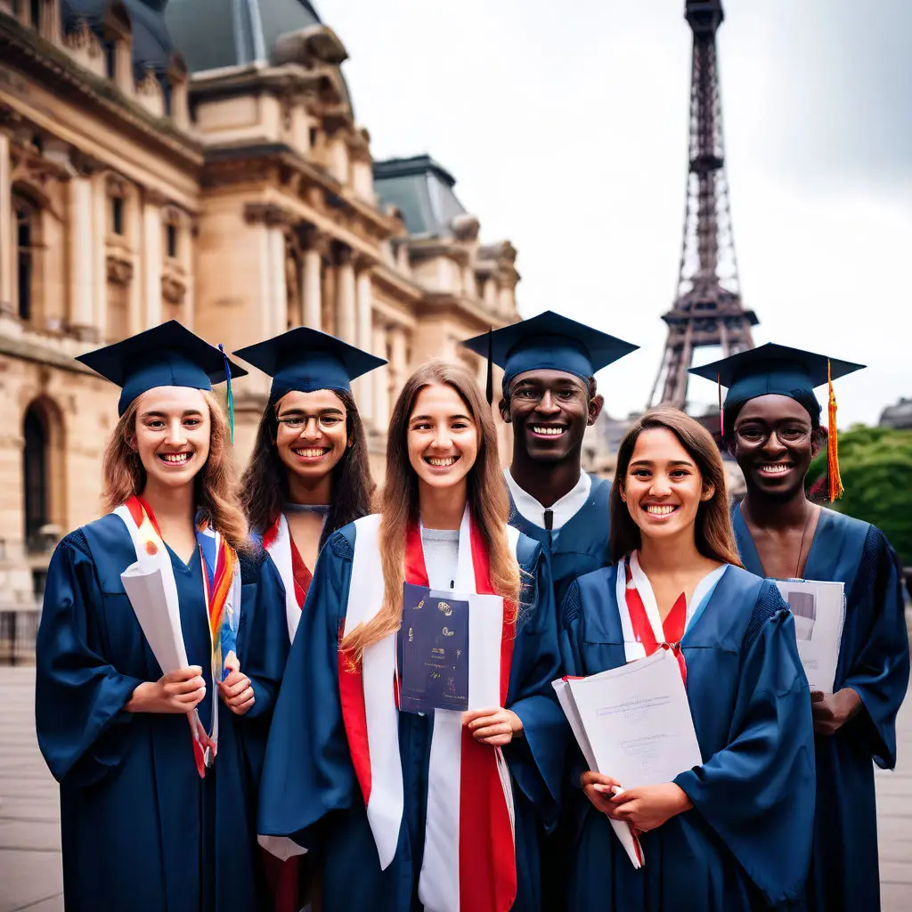 International students celebrating scholarships in front of a prestigious university with global landmarks in the background.