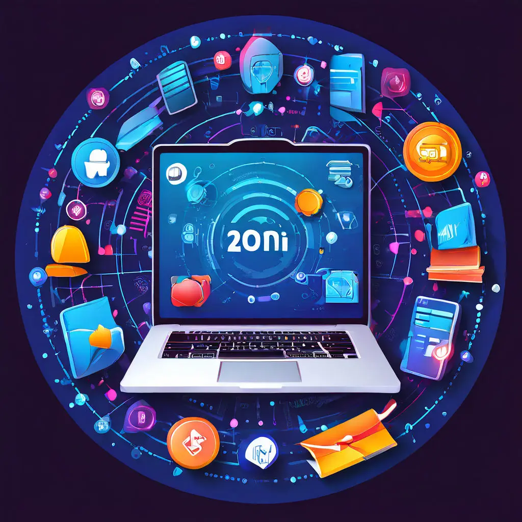 Illustration of digital marketing concepts surrounding a laptop, with the number 20 and symbols of online education, representing free digital marketing courses for 2024.