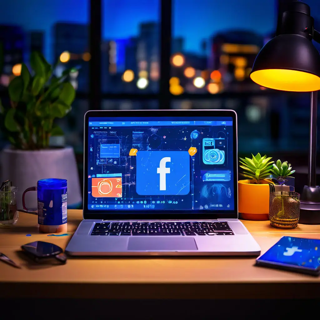 A laptop displaying the Facebook Reels interface on a creative workspace desk with a smartphone, camera, and social media icons, symbolizing content creation and monetization.