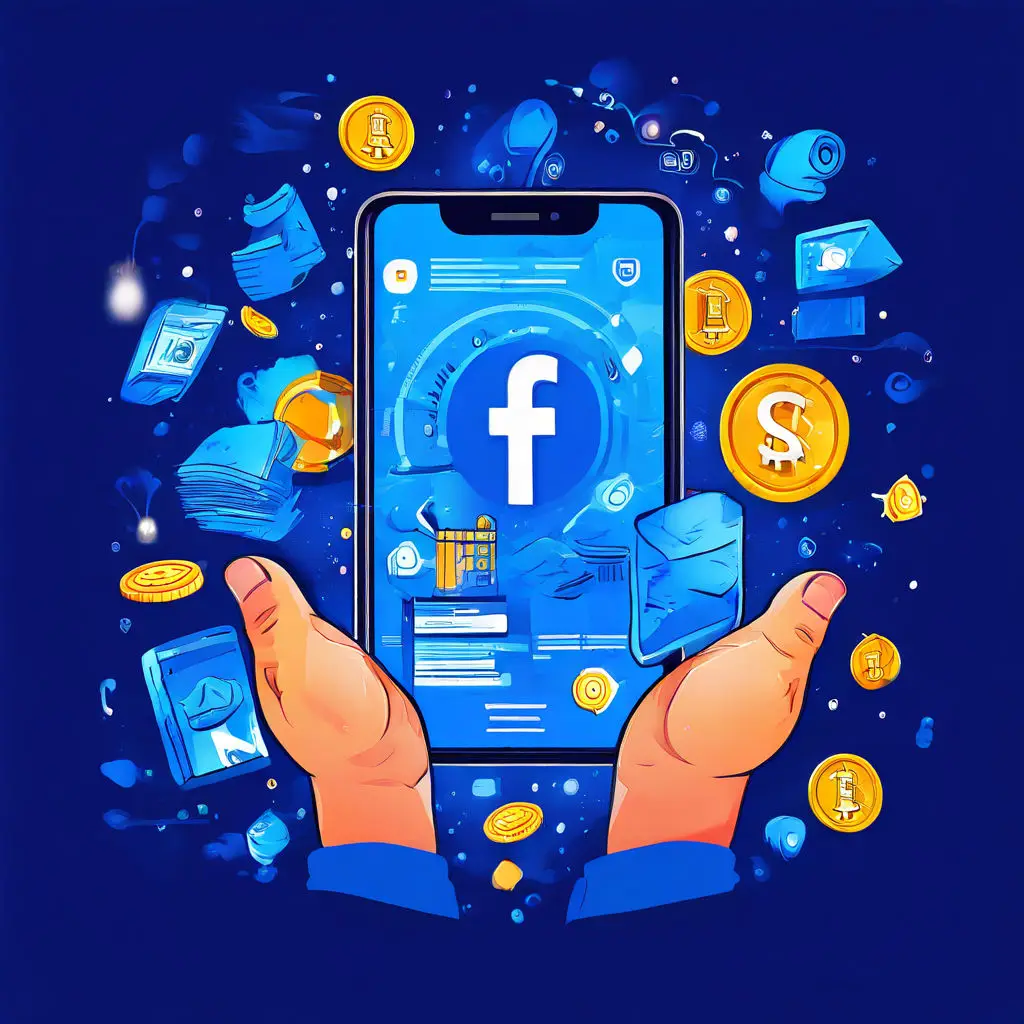 Illustration of Facebook logo surrounded by monetization symbols including dollar signs, coins, smartphone, video icon, gift box, handshake, price tag, and group icon, representing various ways to earn money on Facebook.