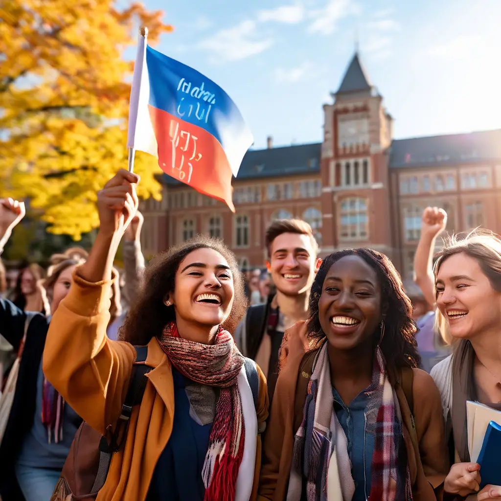 A diverse group of international students celebrating on a university campus, holding flags from various countries, with a university building in the background and a banner that reads 'Fully Funded Scholarships 2025.