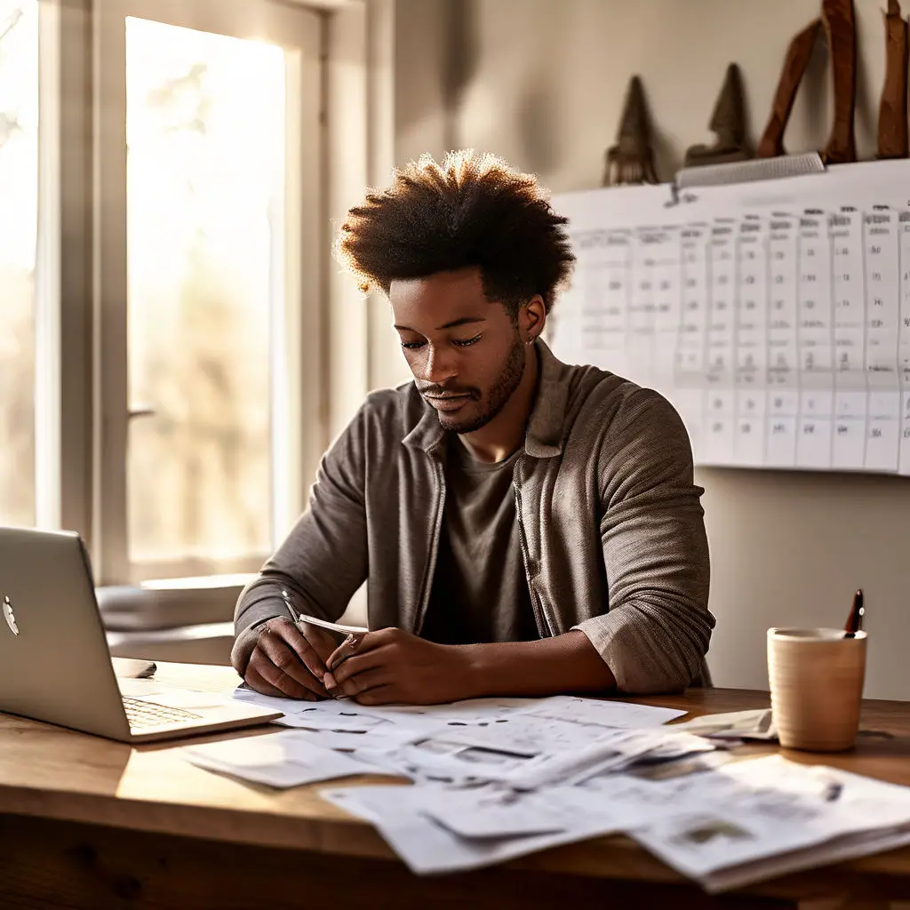A person budgeting at a wooden table, writing in a budget planner, surrounded by bills, receipts, and a laptop with natural light streaming through a window.