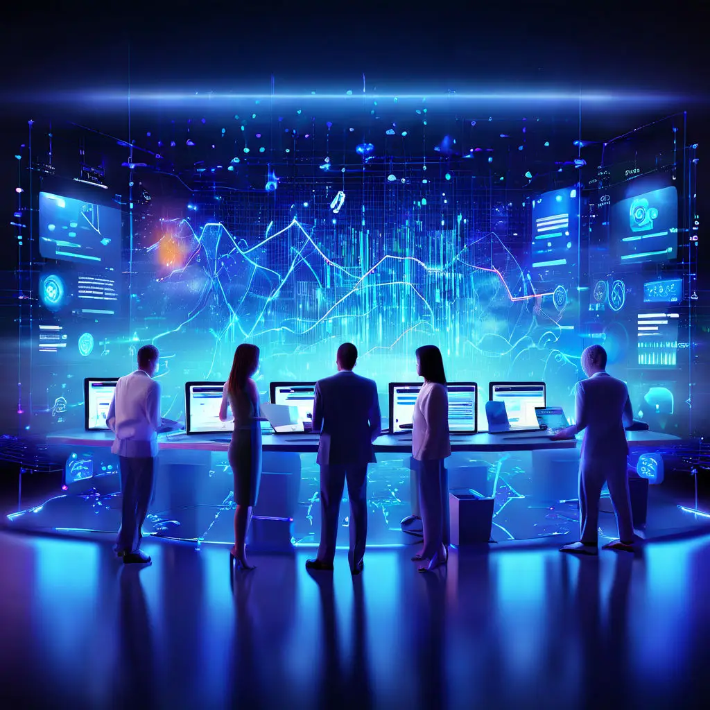 Marketers using free AI tools in a high-tech digital workspace to enhance marketing strategies.