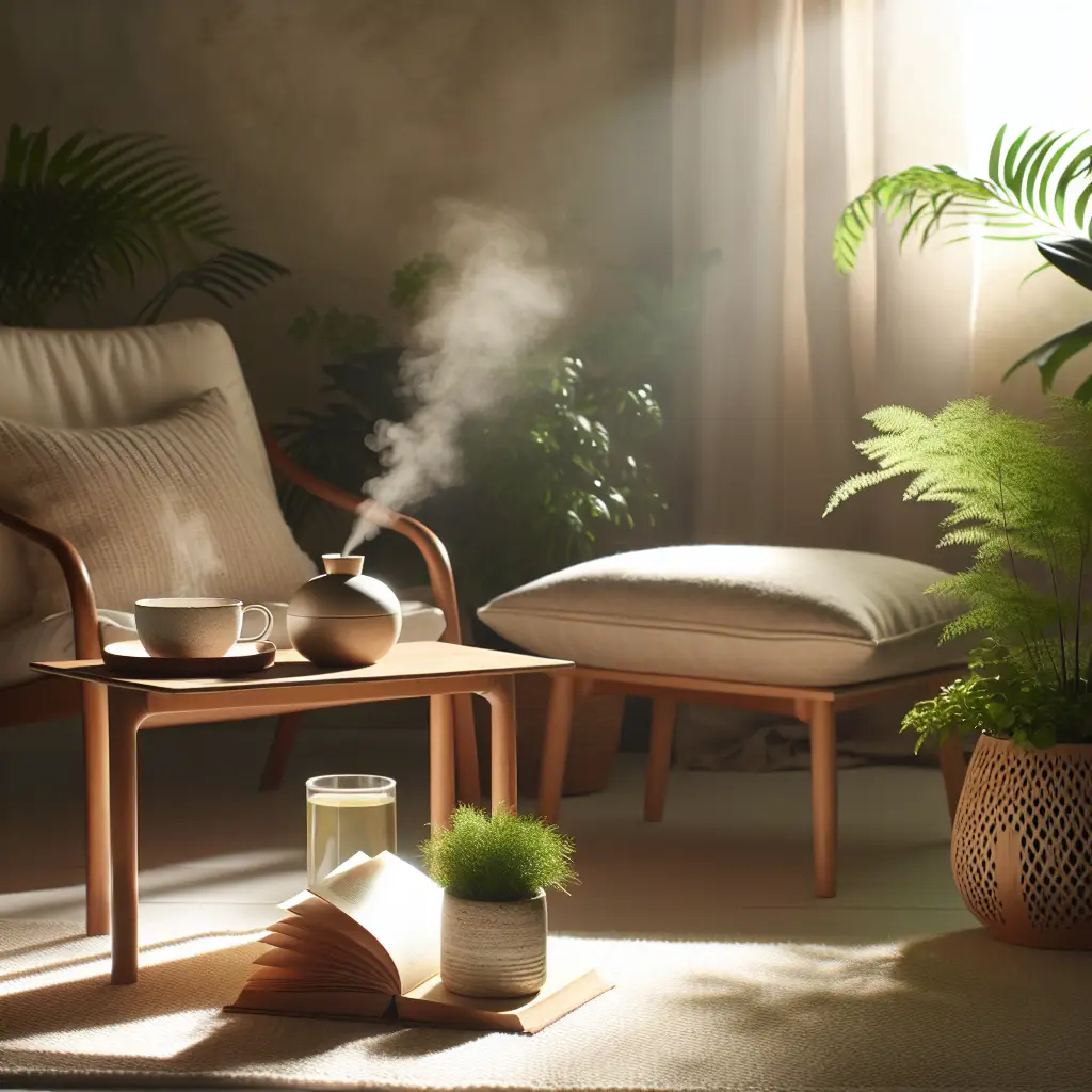A cozy living room setup with a comfortable chair, a wooden table holding a cup of tea and an open book, surrounded by plants and a diffuser, creating a calm and stress-free atmosphere.