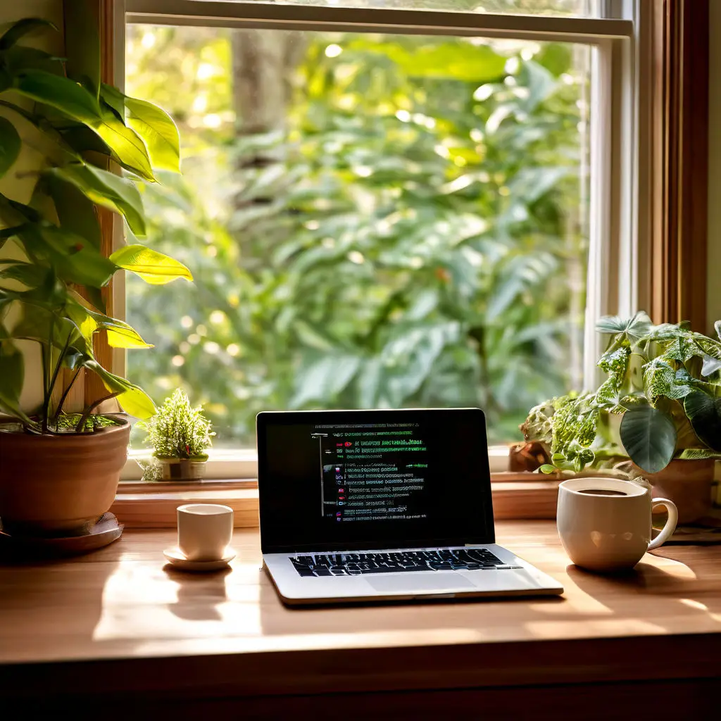 Home office setup with laptop, coffee mug, smartphone, and notebook, perfect for running an online business.