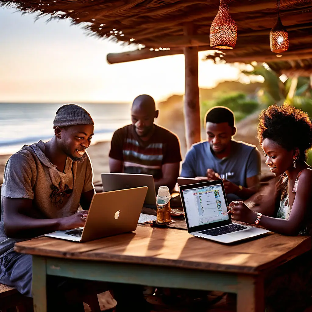 Professionals enjoying the best remote freelance jobs in 2024, working from various locations like home offices, cafés, and beaches, showcasing the flexibility and freedom of remote work.