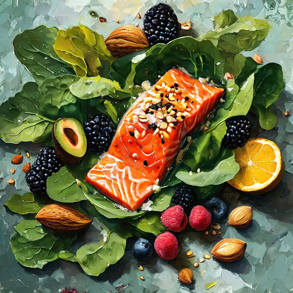 A selection of foods that improve mental wellness, including salmon, leafy greens, berries, nuts, seeds, dark chocolate, avocado, whole grains, eggs, and turmeric.