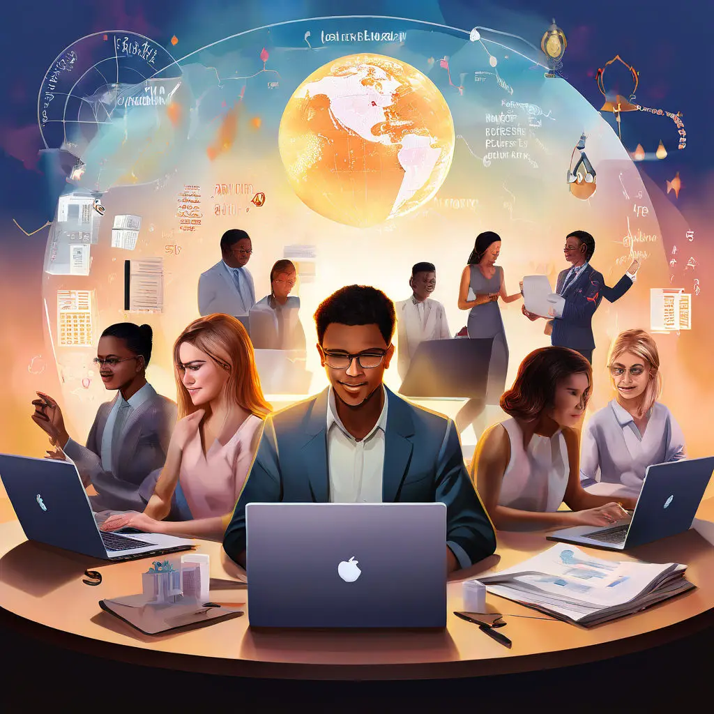 Professionals taking the 10 best accredited free online certification courses in 2024 to boost their careers, with educational icons and a rising career growth arrow in the background.