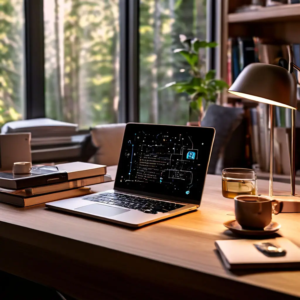 Best Free Online Certification Courses for 2024 displayed on a laptop in a home office setting, surrounded by books and study materials.