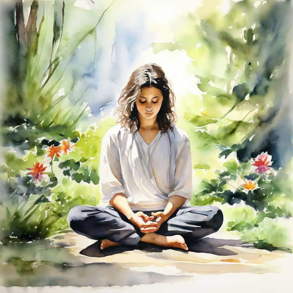 Individual practicing essential mental wellness techniques for managing anxiety outdoors, peacefully meditating in a tranquil natural setting with a journal, healthy snack, and yoga mat nearby, symbolizing a balanced approach to mental health and stress relief.