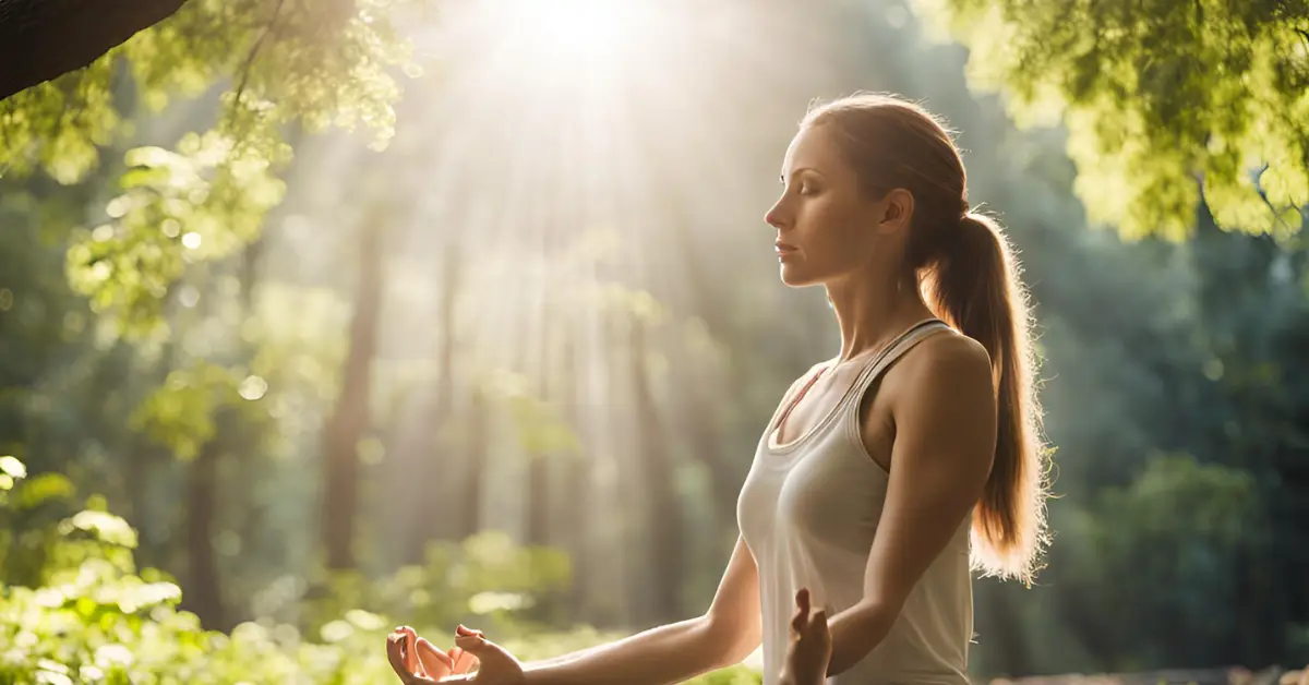 Powerful ways to relieve stress for women, featuring a serene outdoor scene of a woman practicing mindfulness in nature.