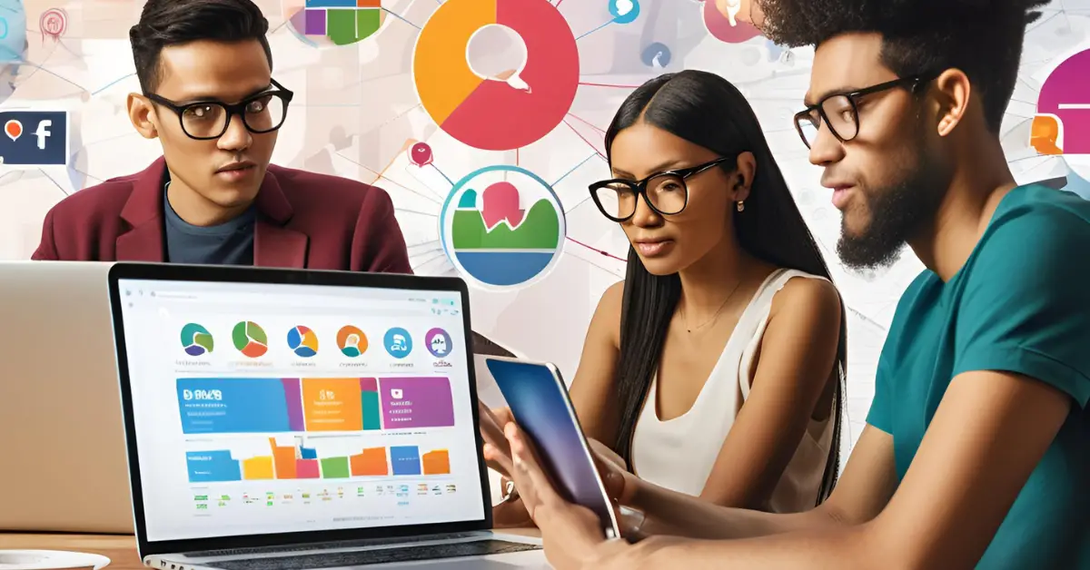 Creative depiction of free online marketing in 2025, featuring diverse individuals using laptops and mobile devices with social media icons, charts, and graphs in the background.