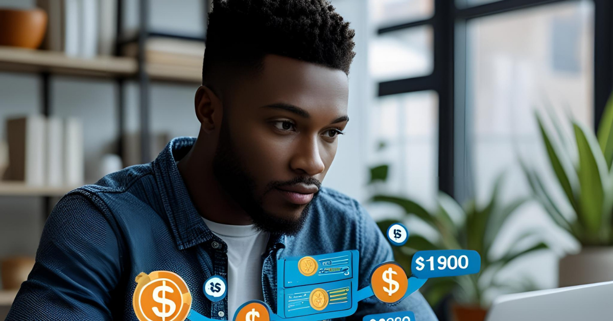 Person working on a laptop with overlay of income and money-related graphics, symbolizing side hustles and online earnings.